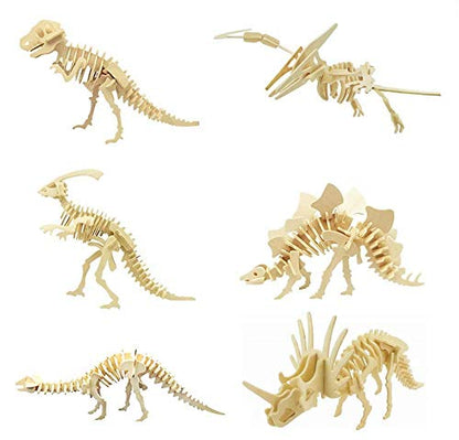 3D Wooden Dinosaur Puzzle - 6 Piece Set Wood Dinosaur Skeleton Model Puzzle - DIY Wooden Crafts 3D Puzzle - STEM Brain Teaser Puzzle Gifts - color: 3d Dinosaur