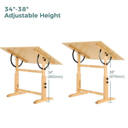 VISWIN Wood Drafting Table for Adults, 30" X 42" Extra-Large Drawing Table with Adjustable Height & Angle for Art Studio, Solid Pine Wood Artist Desk for Drawing, Drafting, Writing, Reading - color: Natural