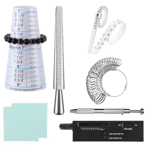 Jewelry Measuring Tools Kit with Ring Sizer Mandrel & Diamond Tester – Ring Size Gauge Set, Bracelet Measuring Tool, Finger Sizing Belt, Jewelry Repair & Jewelry Making Supplies for Women Men - color: 9pcs