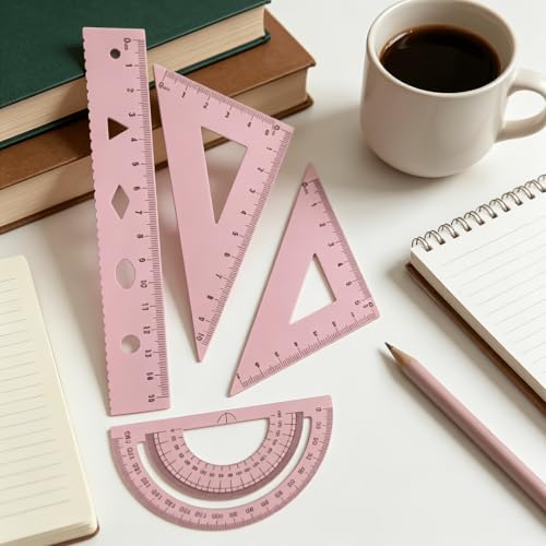 Multifunctional Geometric Ruler Set Protractor Triangle Straight Ruler Hand Measurement Drawing Tools with Storage Box for School Carpentry (Pink-1pc) - color: Pink-1pc