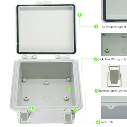 Zulkit Junction Box ABS Plastic Dustproof Waterproof IP67 Electrical Boxes Hinged Shell Outdoor Universal Project Enclosure Grey Clear Cover, Stainless Steel Buckles (5.9"x5.9"x3.5" GC k) - size: 5.9"x5.9"x3.5" GC k