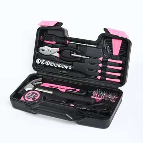144-Piece Household Tool Set, Pink Tool Kit with Plastic Toolbox - color: Pink, size: 144-Piece