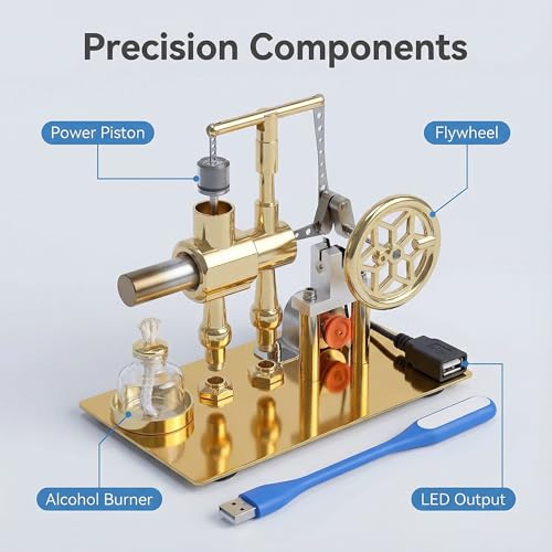 Hot Air Stirling Engine Motor Model,Stirling Engine Kit, Single-Cylinder Metal Stirling Engine External Combustion Engine Motor,DIY Hot Air Engine Gift of Air for Desktop EducationalToy (Gold) - color: Gold