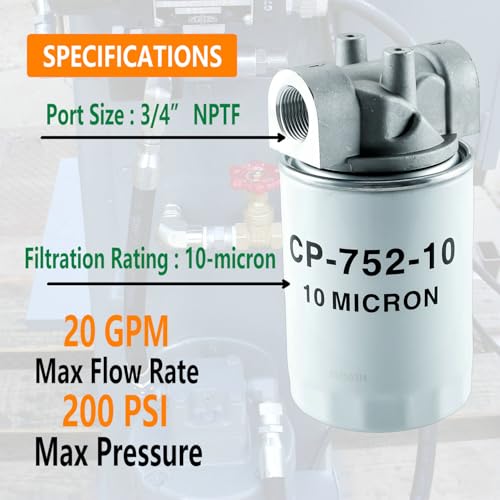 Hydraulic Oil Filter Assembly,10 Micron,3/4" NPT, 20 GPM,200 PSI
