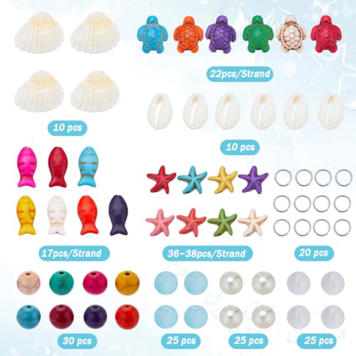 SUNNYCLUE 1 Box 200+Pcs Turtle Beads Starfish Beads Bulk Bohemian Style Natural Shell Charms Colorful Fish Charm Summer Ocean Sea Animal 8mm Round Glass Spacers for Jewelry Making Beading Kits - color: Boho Styles Beads Kit-2