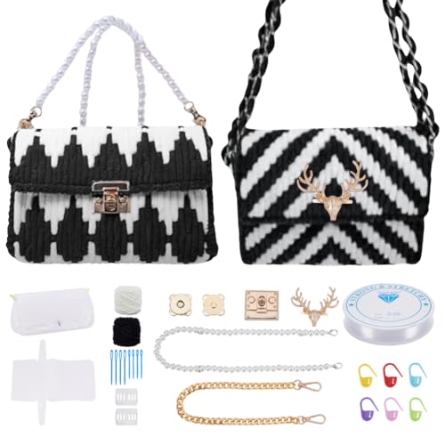 FREEBLOSS 2 Set DIY Plastic Canvas Mesh Bag Kit Blank Mesh Canvas Sheets for Embroidery Needlepoint Craft Kit Knit and Crochet Projects Handbag Making Accessories, Black and White