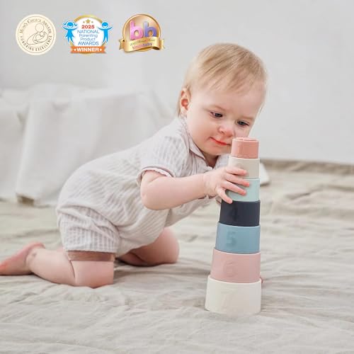 Moonkie Stacking Cups Toy, Fun Educational Baby Toys Silicone Soft Teething Toy, Age 6+ Months, 7 Piece Set - color: Retro