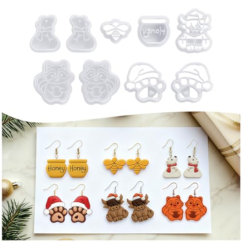 9 Pack Christmas Polymer Clay Cutters - Honey Jar/Bee/Bear/Dog Paw/Cow/Raccoon, Ideal Polymer Clay Molds & Polymer Clay Earring Cutters for Christmas Jewelry Making Easter Gifts - color: cattle