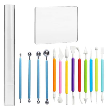 Basic Polymer Clay Tools, Clay Sculpting Tools Acrylic Roller Pin, Clear Rectangle Sheet Press Board, Double-Ended Pottery Carving Set for Beginner (15) - size: 15