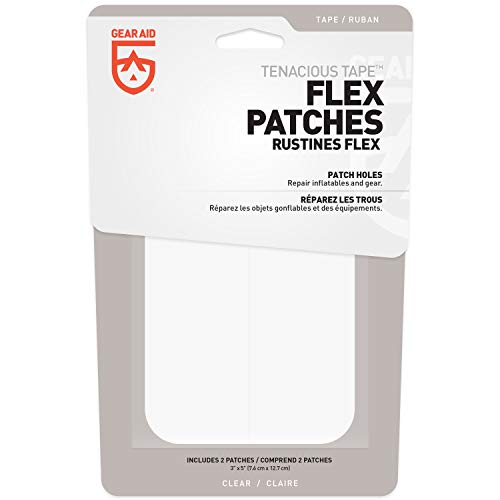 GEAR AID Tenacious Tape Flex Heavy Duty Patches for Fixing Holes and Rips in Outdoor Fabrics, Vinyl, Pool and Snow PVC Inflatables, Peel-and-Stick, Clear, Two 3" x 5" Patches - style: 2 Pack