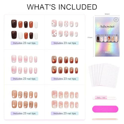 6 Packs (144 Pcs) | Reusable Press on Nails | cute nails | 6-Style Bundle | 12 Sizes | Each Style 24 Pcs | Blush Pink Bow Cat Eye - color: Blush Pink Bow Cat Eye