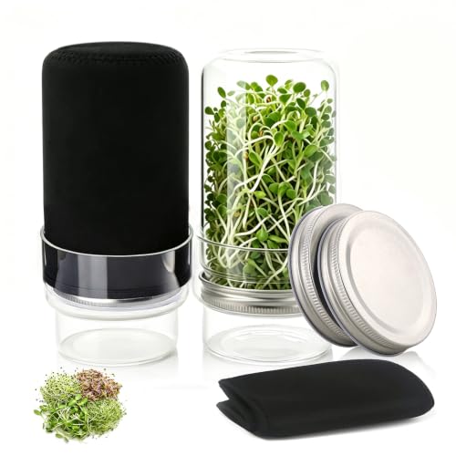 Sprouting Jar Kit, 2 Wide Mouth Sprouting Jar with Stainless Steel Screen Sprout Lids, Blackout Sleeves, Drain Cover, Sprouts Growing Kit for Broccoli, Mung Beans, Alfalfa & Microgreens