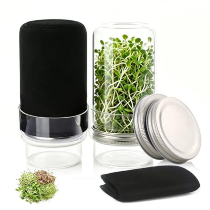Sprouting Jar Kit, 2 Wide Mouth Sprouting Jar with Stainless Steel Screen Sprout Lids, Blackout Sleeves, Drain Cover, Sprouts Growing Kit for Broccoli, Mung Beans, Alfalfa & Microgreens