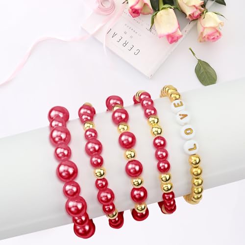 Dark Red Pearl Bracelet Making Kit Gold Beads for Bracelets for Adult - color: 19-Dark Red & Gold