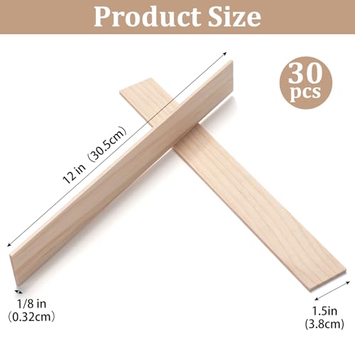Wood Strips Slats Wooden Sticks for Crafts 1/8" × 1.5" × 12", 30 PCS Thin Wood Trim Planks Lumber Flat Boards Pieces Square Wooden Dowel Rods for Crafting, Woodworking, Model Making - size: 1/8x1.5x12 in - 30PCS