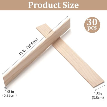 Wood Strips Slats Wooden Sticks for Crafts 1/8" × 1.5" × 12", 30 PCS Thin Wood Trim Planks Lumber Flat Boards Pieces Square Wooden Dowel Rods for Crafting, Woodworking, Model Making - size: 1/8x1.5x12 in - 30PCS