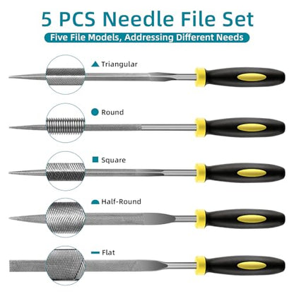 5 pcs Metal Needle File Set,Premium Small File Set, Hardened Alloy Strength Steel File Tools Includes Round, Half-Round, Flat, Square, Triangular File for Detail and Precise Work,by XEKIGU