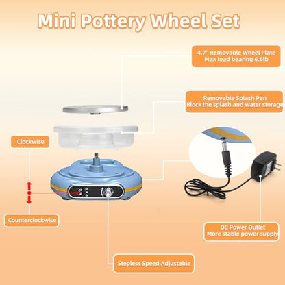 Mini Pottery Wheel Kit for Kids - 4.7" Turntable Two-Way Rotation Electric Pottery Machine, Adjustable Speed, Low Noise, Clay Wheel DIY Kit for Teens Adults Beginners, Pottery Tools Included