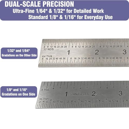 12 Inch Machinist Ruler Set - Stainless Steel Precision Double Sided Ruler with 1/64, 1/32, 1/16 & 1/8 Inch Graduations, Etched Markings - for Engineers,Woodworking and DIY (1, 12 Inch) - size: 12 Inch
