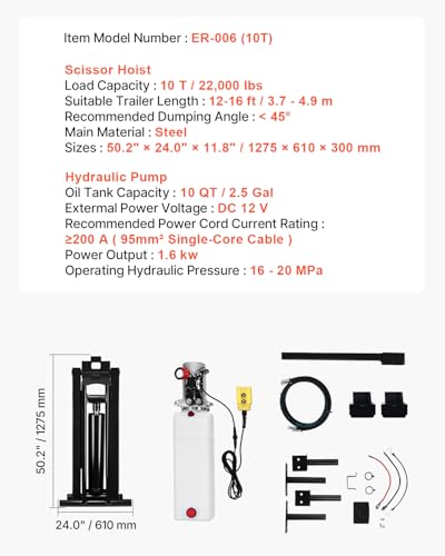 VEVOR Hydraulic Dump Lift Kit, 22,000 lb/10 T Load Capacity, Dump Trailer Hydraulic Scissor Hoist Kit Standard Kit with 12V Hydraulic Pump Unit, Suitable for Scissor Lift Dump Trailers Trucks - size: 22,000 lb