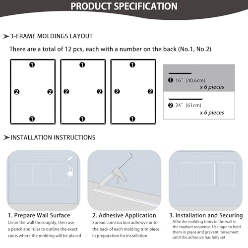 Lunghaa 3-Frame 16" x 24" Premade Accent Wall Molding Kit, Ready-to-Assemble Wainscoting Panels, Pre-Cut Chair Rail Moulding Trim Picture Frame for Home Décor - size: 3-Frame, 16"W x 24"H
