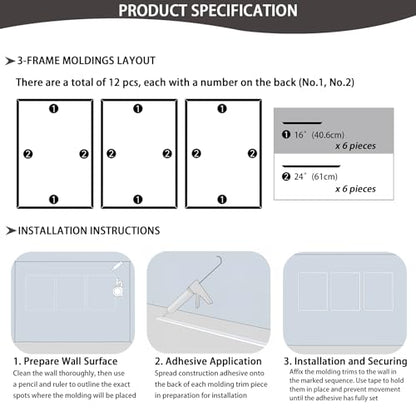Lunghaa 3-Frame 16" x 24" Premade Accent Wall Molding Kit, Ready-to-Assemble Wainscoting Panels, Pre-Cut Chair Rail Moulding Trim Picture Frame for Home Décor - size: 3-Frame, 16"W x 24"H