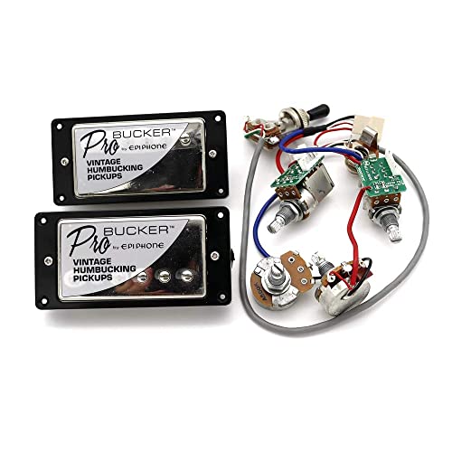 1 Set ProBucker Alnico Bridge&Neck Pickups with Pro Wiring Harness Pots&3 Way Switches Universal for Electric Guitar (Chrome (Black Ring)) - color: Chrome (Black ring)