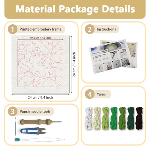DOODLREAM Cat Leaves DIY Punch Needle Embroidery Kit for Adult Beginner, 9.4" Cute Cat and Plant Leaves Punch Stitching Craft Set for Starter with Frame, Fabric Pattern, Threader, Yarn, Punch Needle - color: Cat