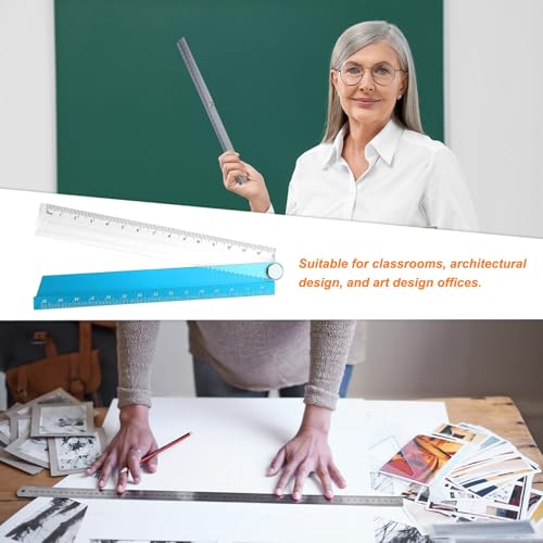 HARFINGTON Folding and Straight Ruler Kit 30/15cm Metric Aluminum Alloy Plastic Protractor Foldable Angle Ruler for Home Classroom Office, Dark Blue - color: Clear-Dark Blue