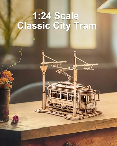 ROKR 3D Wooden Puzzles Model Car Kits for Adults to Build - Wooden Toy Tram Train Set with Railway - Wood 3D Puzzles for Adults - Gift Idea for Christmas Father's Day Birthday