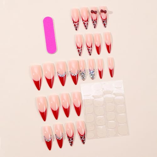 Stiletto Press on Nails Long Red Fake NailLeopard Acrylic Nail Press ons Rhinestones Stick on Nails for Women 24pcs - color: Color22