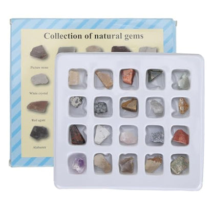 Rock Collection Kit, 20pcs Gems and Crystal Mineral Science Educational Kit with Identification Chart, Geology Learning Tool for Kids Adults Classroom Home Study (Original Rock Set 2)