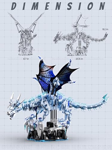 Mechanical Ice Dragon Building Set, 1646 Pieces Large Fantasy Model Kit with Articulated Flapping Wings, Blue Mythical Creature Decor for TV Series Fans Compatible with Major Brands
