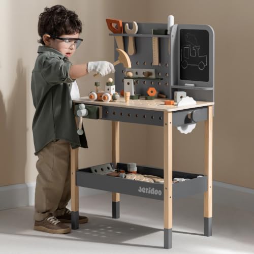 Kids Wooden Workbench, 61-Piece Tool Bench Set with Saw, Hammer, Spanner, Screwdriver, Nuts and Bolts, Chalkboard, Safety Goggles and Gloves, Construction Toy, Pretend Play, Boys, Girls Age 3+