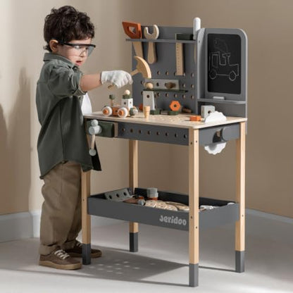Kids Wooden Workbench, 61-Piece Tool Bench Set with Saw, Hammer, Spanner, Screwdriver, Nuts and Bolts, Chalkboard, Safety Goggles and Gloves, Construction Toy, Pretend Play, Boys, Girls Age 3+