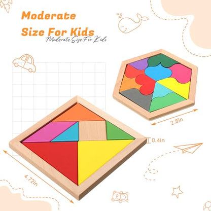 Jerify 8 Pack Wooden Tangram Puzzle for Kids, Wooden Hexagon Puzzles Block