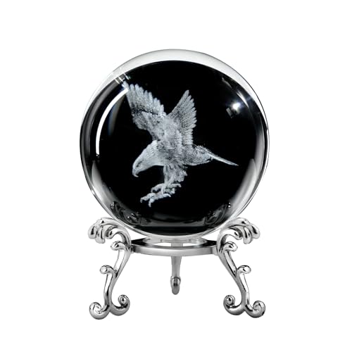 3D Engraved Eagle Crystal Ball with Stand Laser Etched Glass Eagle Figurine Carving Crystal Sphere Paperweight(2.4 in) - color: Clear_eagle