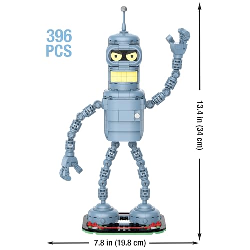 Brickcraft Futurama Bender Brick Building Kit | 396-Piece Posable Robot Figure with Gold Chain & Drinks | Sci-Fi Collectible Display Model, Holiday for Adults, Teens & Animated TV Fans - style: Bender
