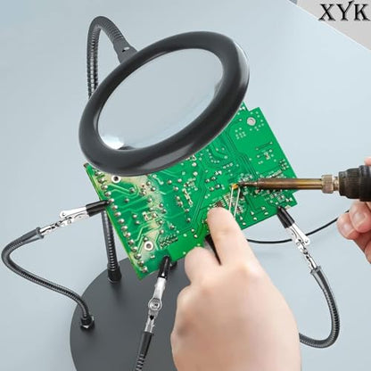 XYK Helping Hands Soldering Station with 3X Magnifying Glass with light, 4 Flexible Helping Hand Arms Magnifier and Third Hand Soldering Tool for Electronic Repair Soldering Jewelry Crafts - size: Medium