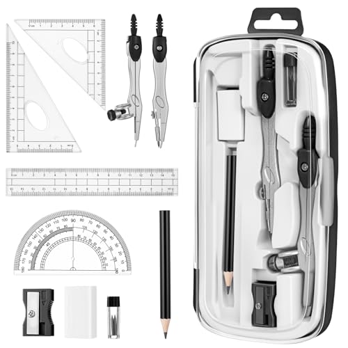 Zonon 10 Pcs Math Geometry Set for Student Compass Protractor, Black - color: Black