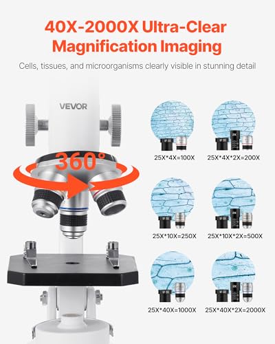 VEVOR Microscope for Kids Adults, 40X-2000X Professional Compound Microscope Mobile Phone Adapter with LED Light, for Laboratory, School, Home, Education - style: A