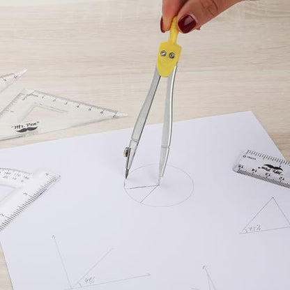 Mr. Pen- Geometry Set, 13 pcs, 3 Metal Compasses, Protractor, 6" Ruler | 45° & 30°/60° Set Squares, Pencils, Lead Refills, Sharpener & Eraser for Math, Drafting & Classroom Use - color: Yellow