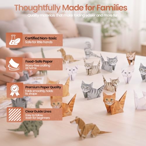 Paper Cats Origami Kit for Adults – Origami Cats, Dogs & Dinosaurs with 135 Sheets + 60 Cat Stickers | Japanese Paper Craft Set | Mindful Creative hobby & Gift for Cat Lovers, Beginners and Hobbyists