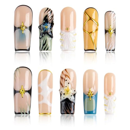 Handmade Press on Nails Long Square Nude Black White, 3D Star Flower False Nails with Gold Line, Luxury Reusable Nail Art Kit for Women Party Daily(M) - color: HLK, size: Medium