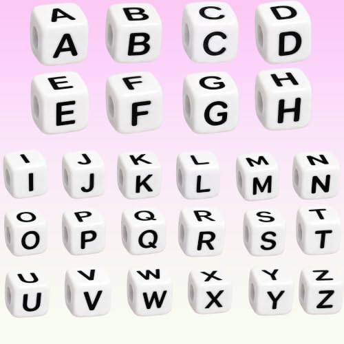 JULIMAIDONG Alphabet Beads A-Z 1100+Pcs Letter Number Hearts Bracelets Bead - color: Square White