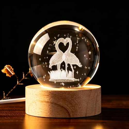 3D Engraved Heart Flamingo Crystal Ball, 2.4in 60mm Color‑Changing LED Night Light with Wooden Base, K9 Crystal Sphere, Romantic Love Gift for Her Him - color: Clear-flamingo