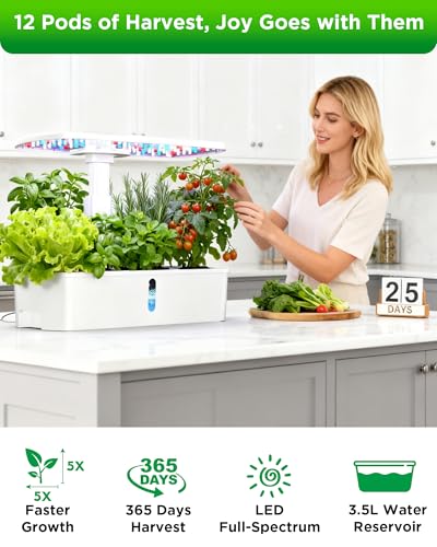 Hydroponics Growing System Kit 12 Pods, Indoor Garden with LED Grow Light - color: White