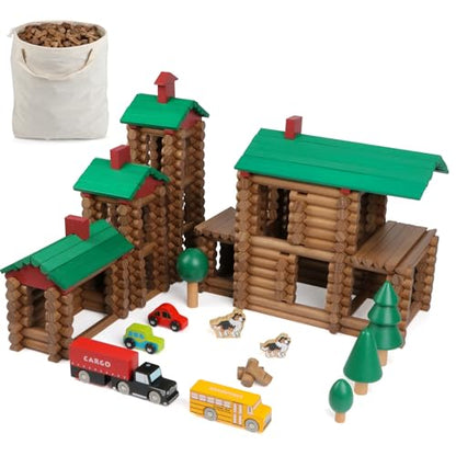 Wondertoys 456Pcs Big Villa Wooden Log Set Real Wood Logs Classic Building Log Ages 3+ Best Retro Building Gift Set Creative Construction Engineering Educational Gifts - style: 456PCS Luxury Villas