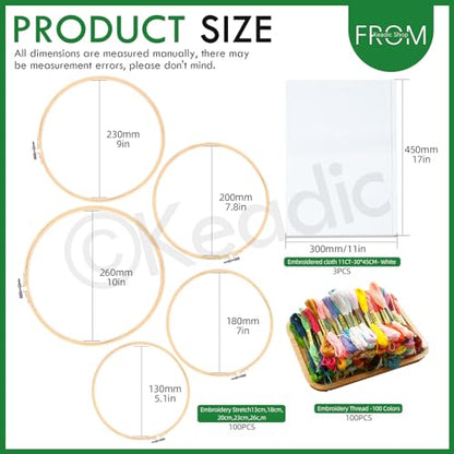 Keadic 222Pcs Embroidery Kit with Instructions Contains 100 Colors Threads, Embroidery Hoops, Sewing Pins, Floss Bobbins and Cross Stitch Tools, Hand Embroidery Starter Kit for Adults Beginners