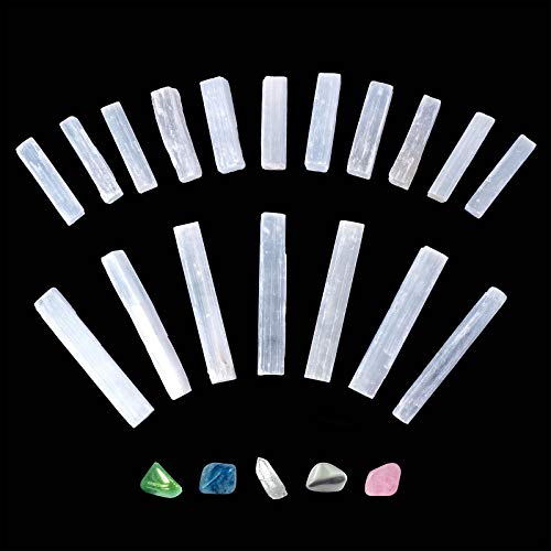 National Geographic Selenite Crystal Set - 2 lbs of Bulk Selenite Wands & 5 Premium Crystals, Rose Quartz, Hematite, Aventurine, Blue Quartz, Raw Crystals, Gemstones